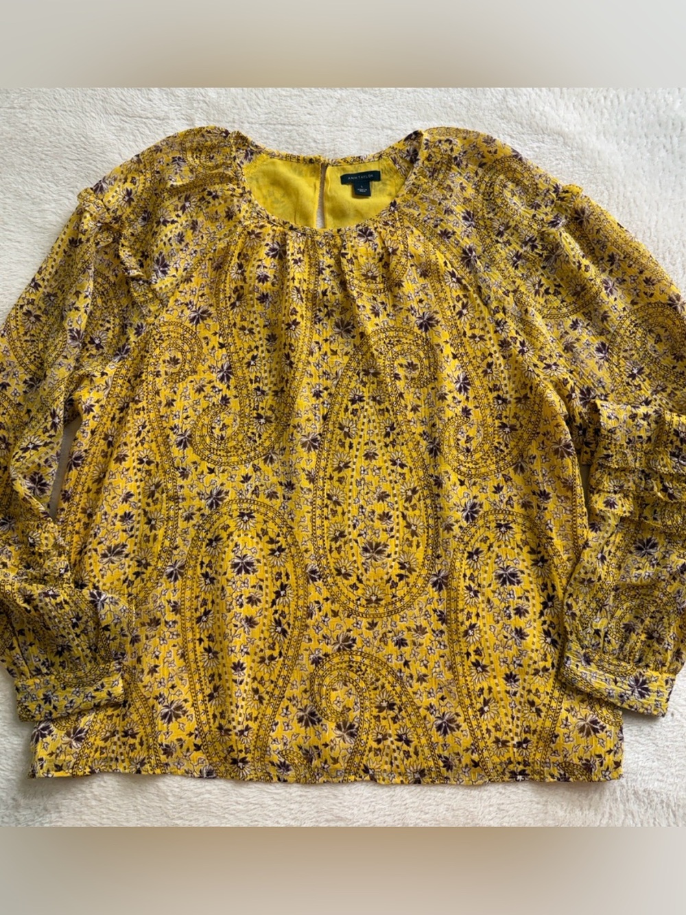 Ann Taylor Mustard Yellow Cream Paisley Floral Ruffle Long Sleeve Blouse Small
